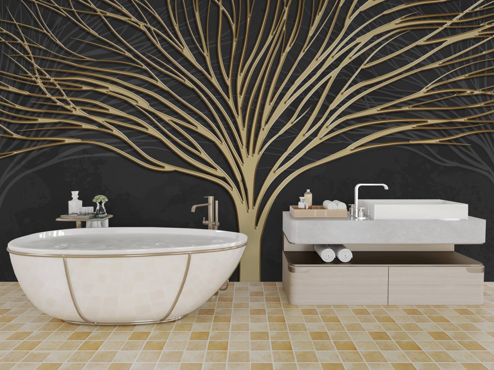 Papier peint un troupeau de cerfs et un arbre d'or