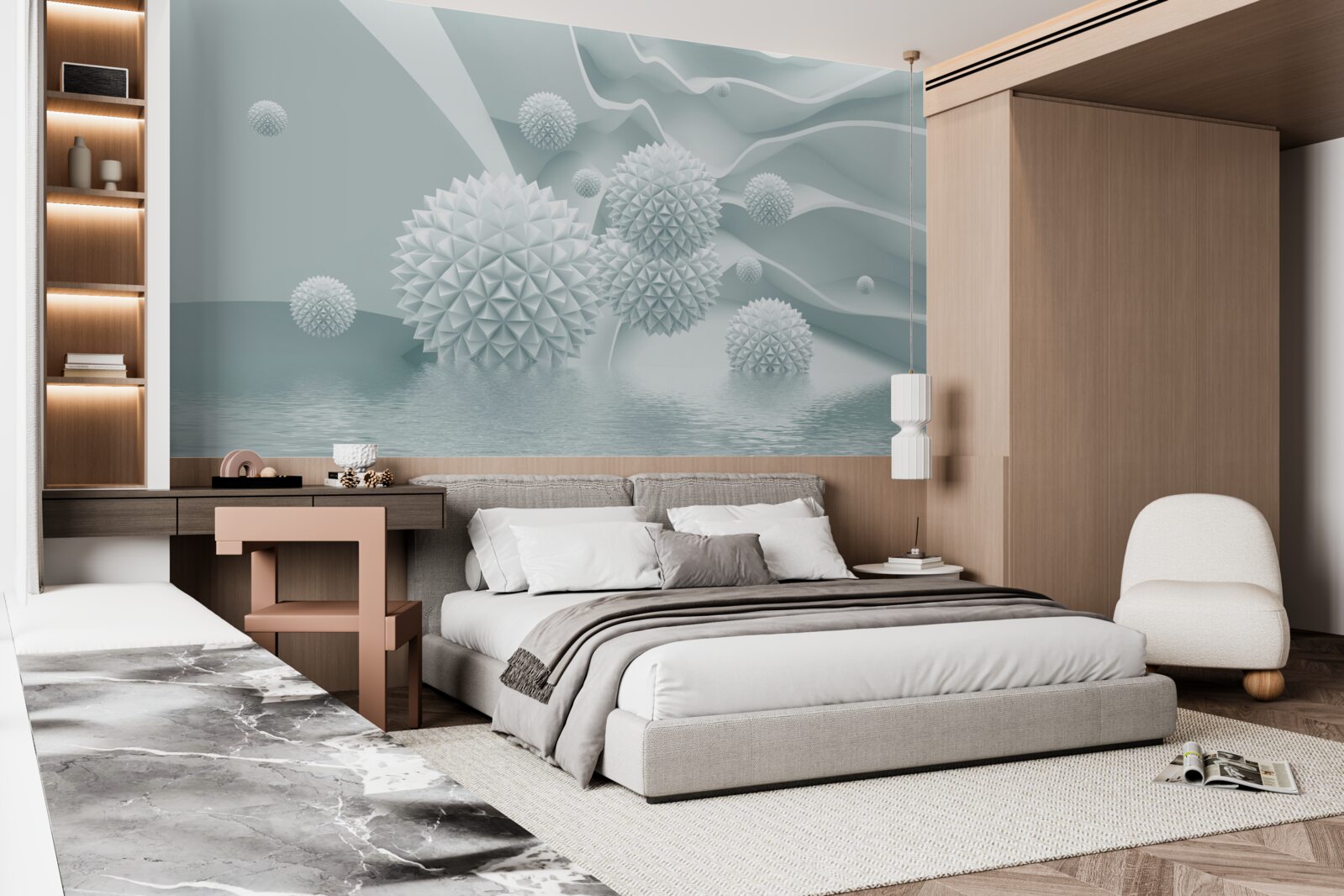 Papier peint les boules sont blanches et pointues et flottent en état d'apesanteur