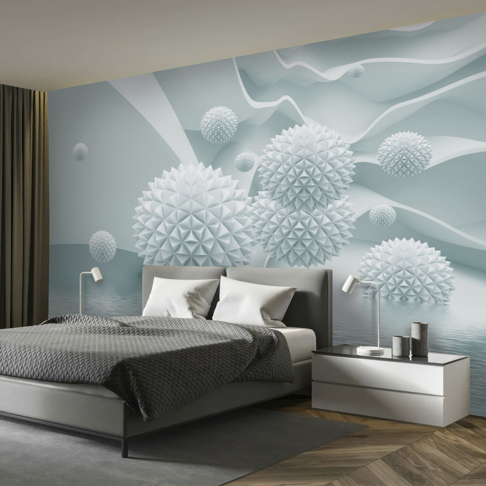 Papier peint les boules sont blanches et pointues et flottent en état d'apesanteur