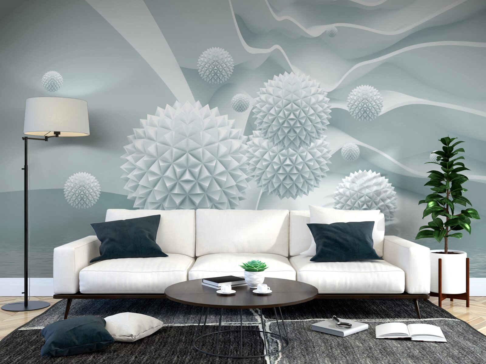 Papier peint les boules sont blanches et pointues et flottent en état d'apesanteur