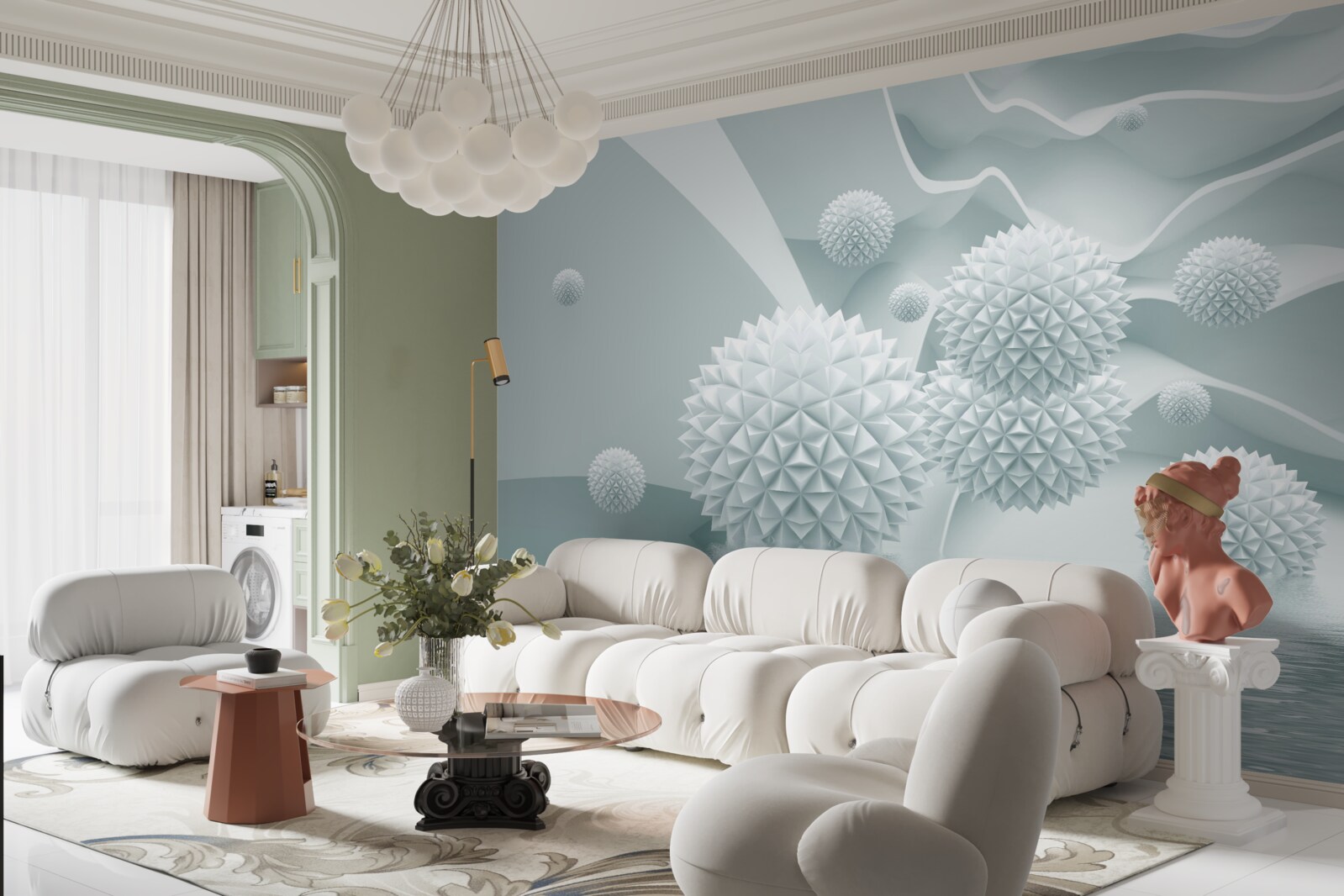 Papier peint les boules sont blanches et pointues et flottent en état d'apesanteur