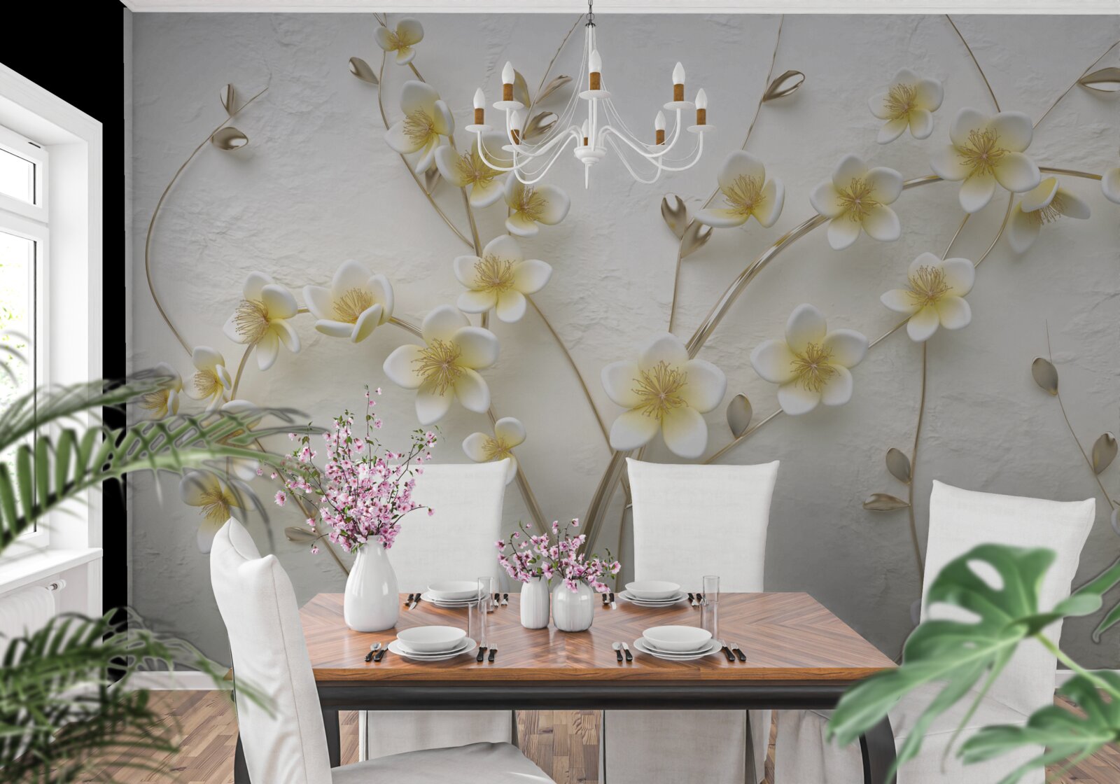 Papier peint branches blanches de magnolia avec cœur jaune