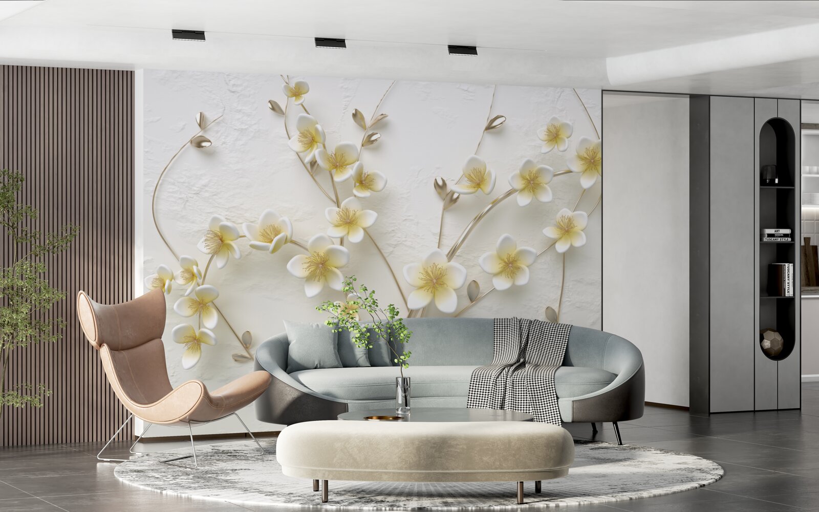 Papier peint branches blanches de magnolia avec cœur jaune