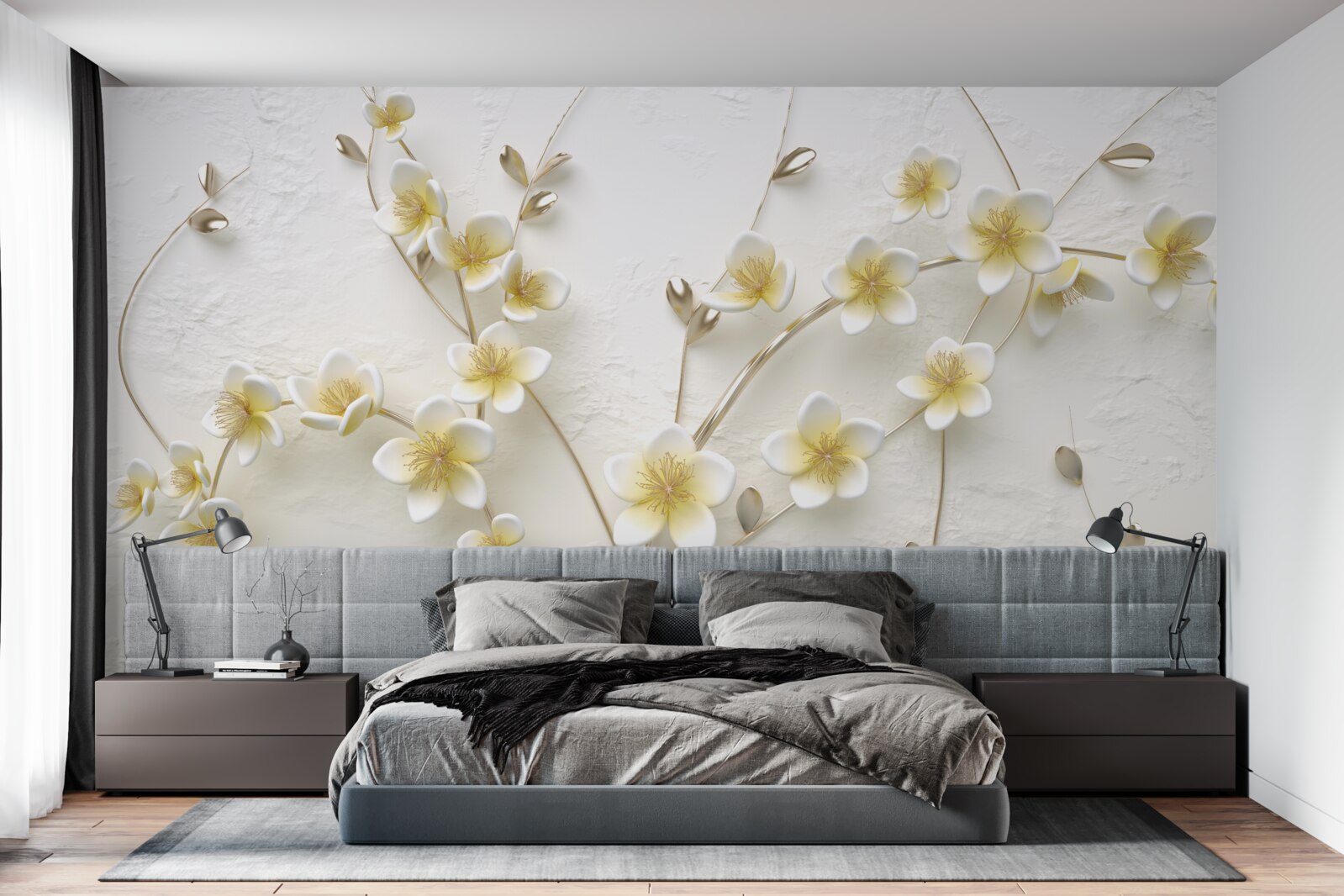 Papier peint branches blanches de magnolia avec cœur jaune