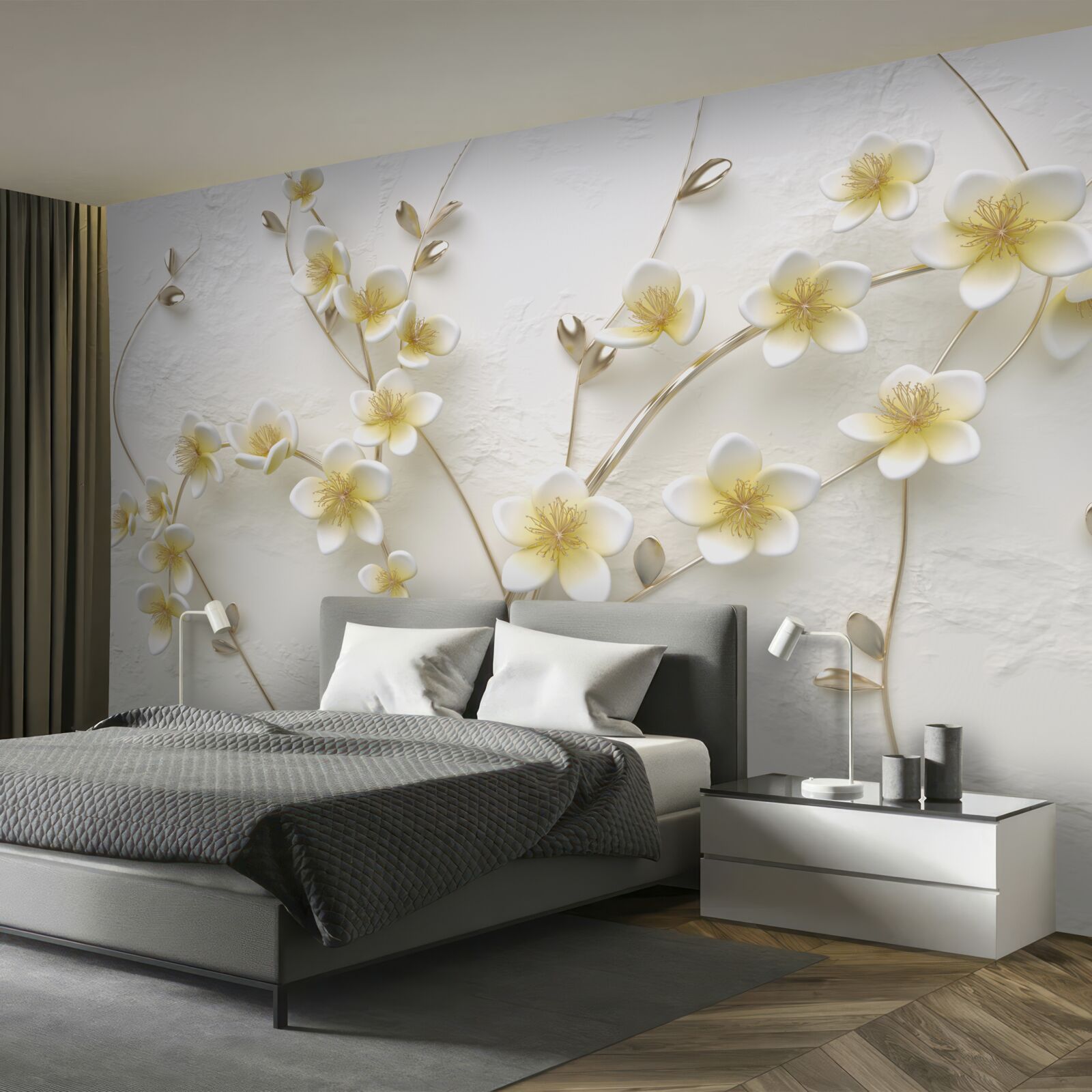 Papier peint branches blanches de magnolia avec cœur jaune