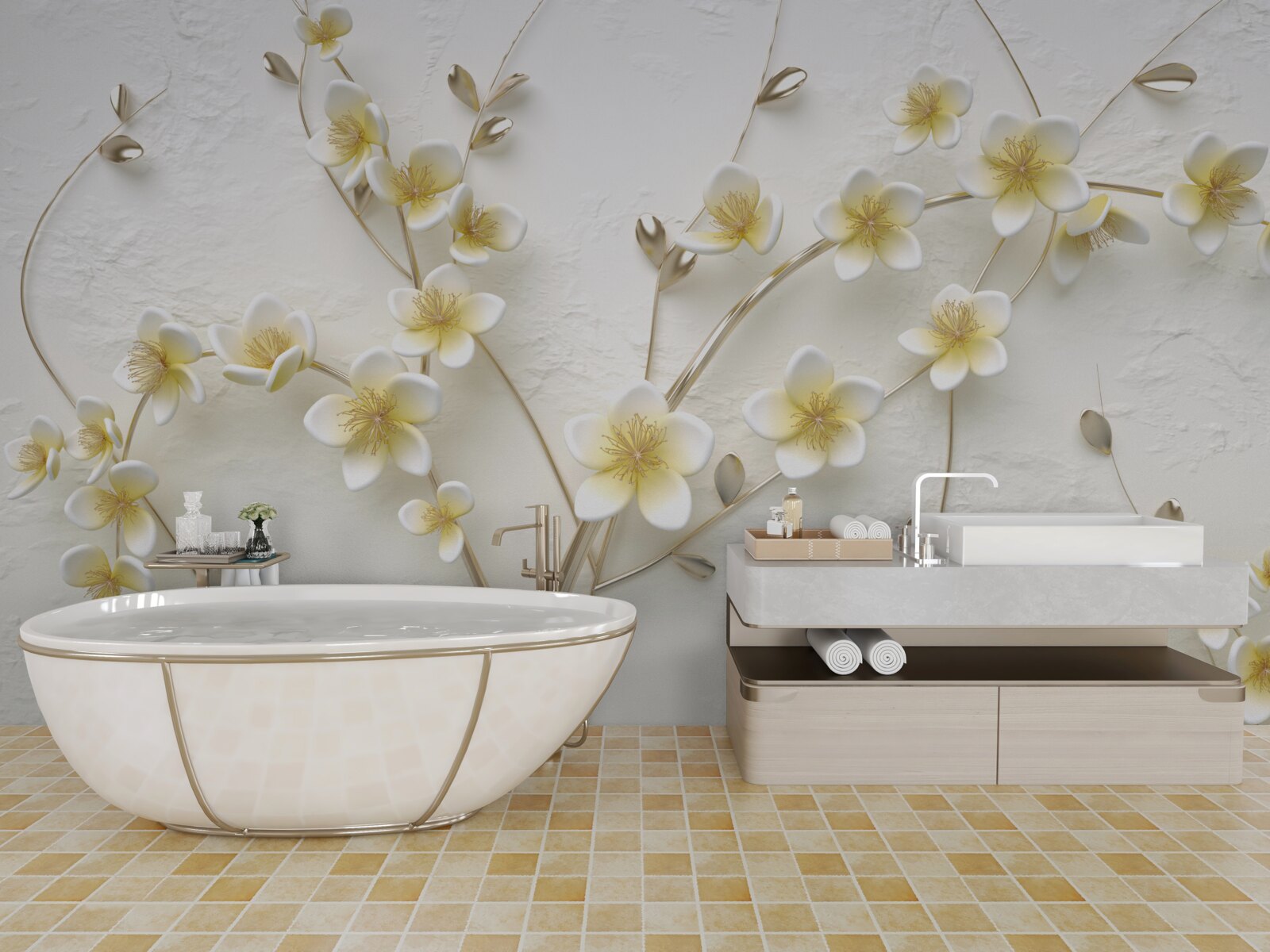 Papier peint branches blanches de magnolia avec cœur jaune