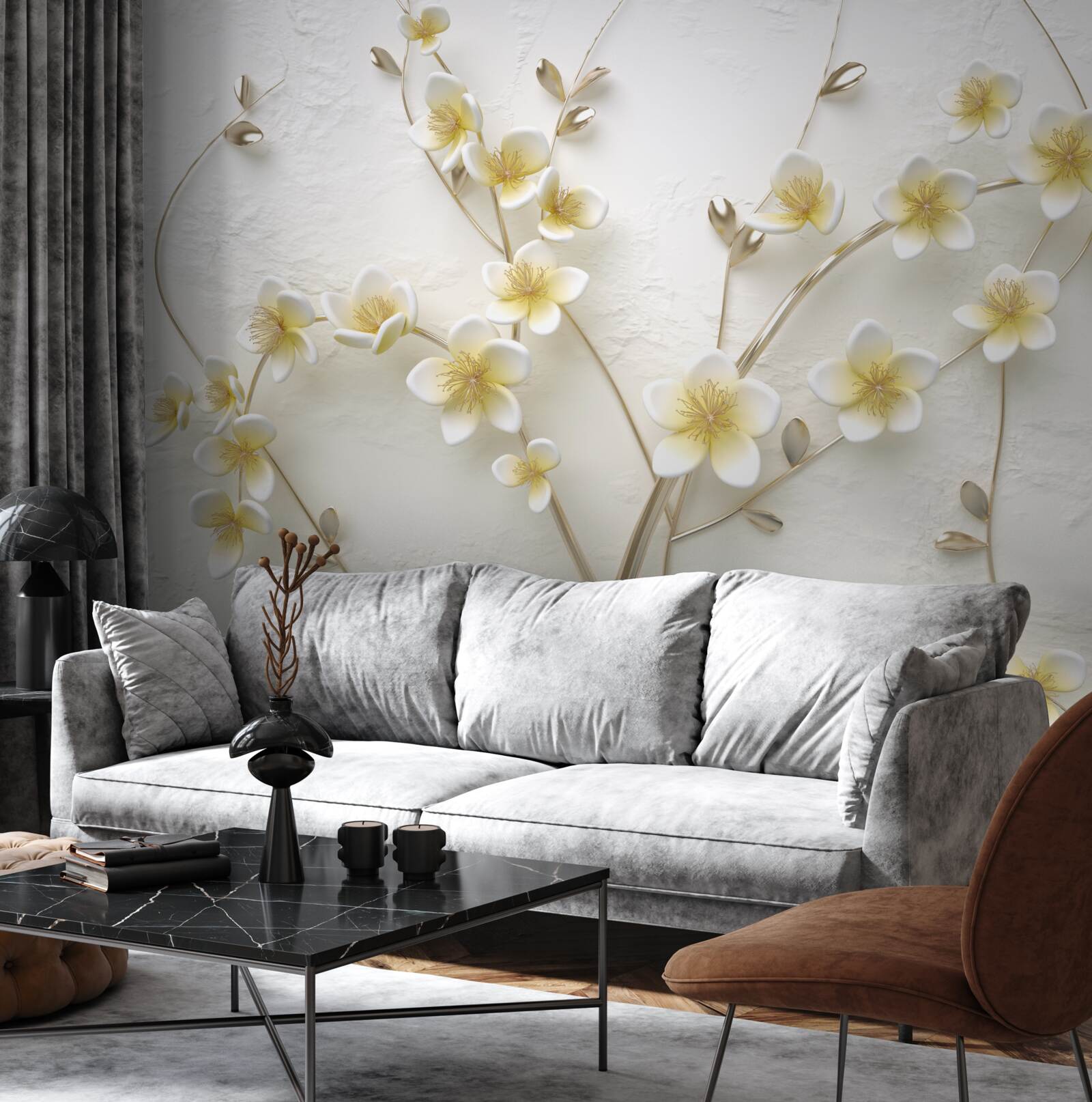 Papier peint branches blanches de magnolia avec cœur jaune