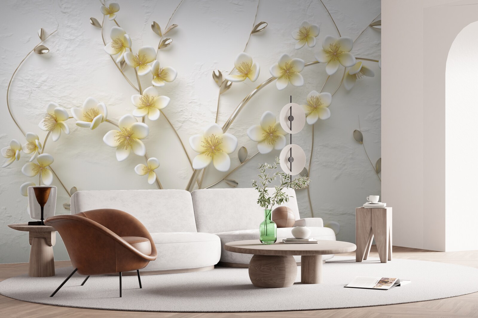 Papier peint branches blanches de magnolia avec cœur jaune