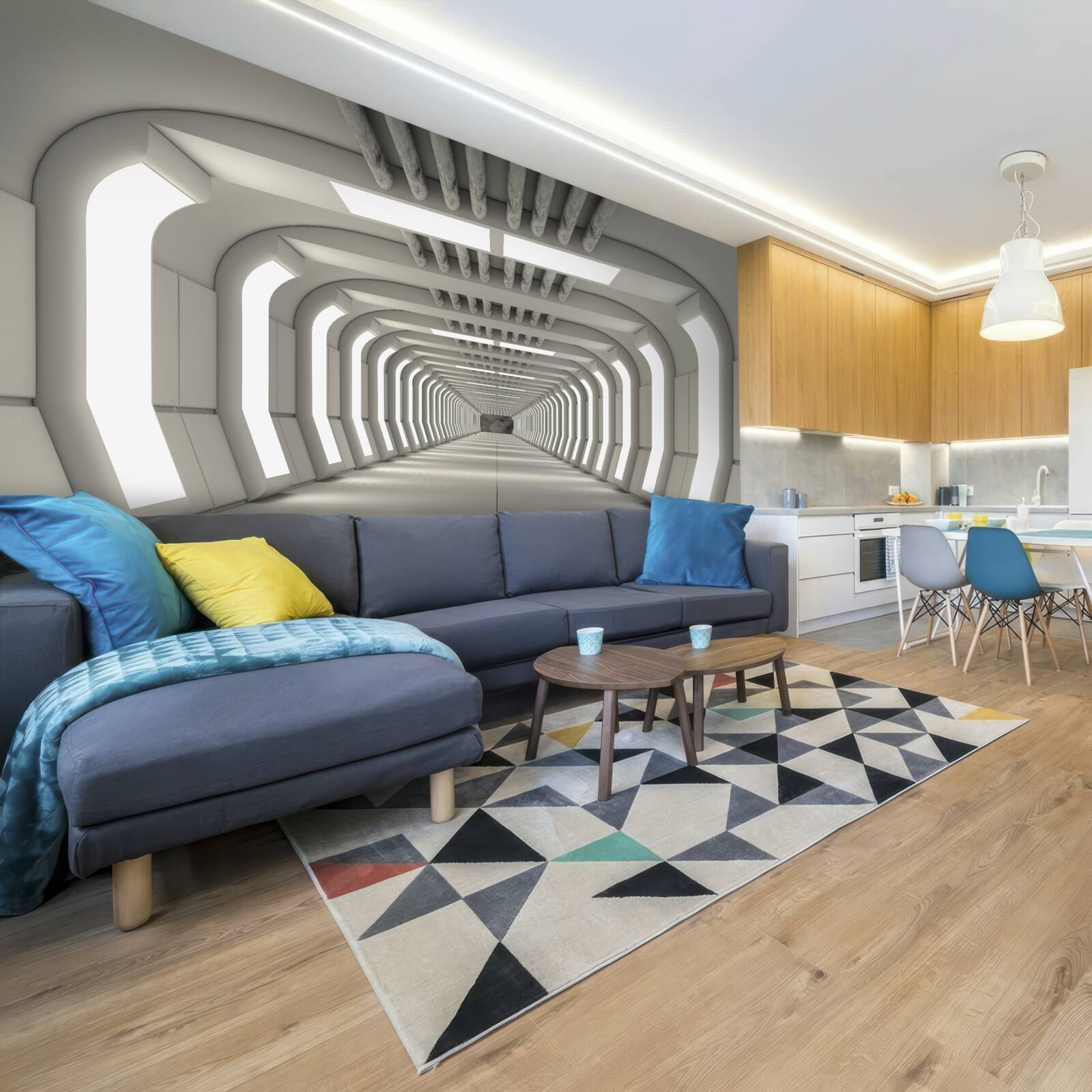 Papier peint couloir éclairé sans fin dans le style futuriste