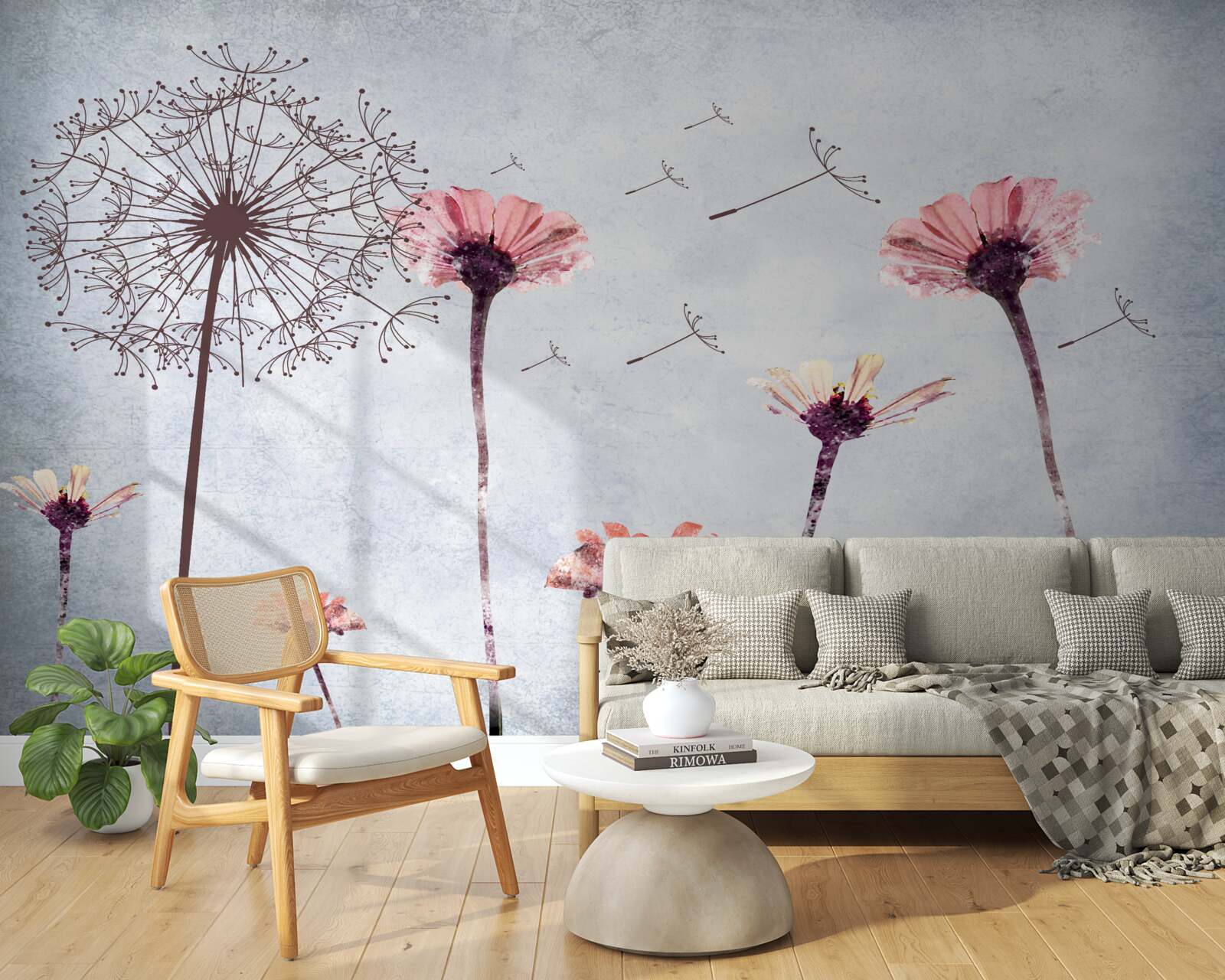 Papier peint coquelicots et gerberas sous de fortes rafales de vent