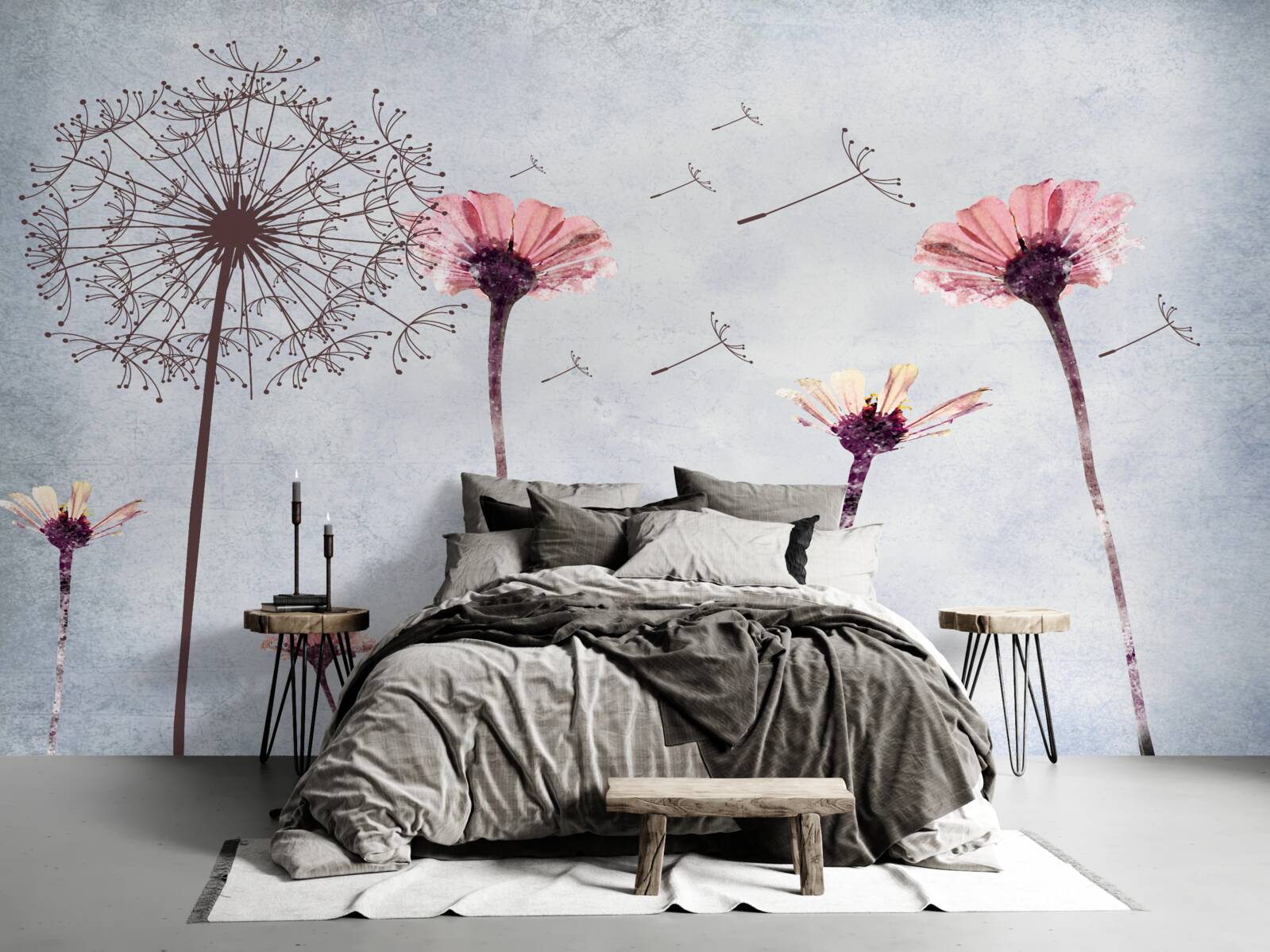 Papier peint coquelicots et gerberas sous de fortes rafales de vent