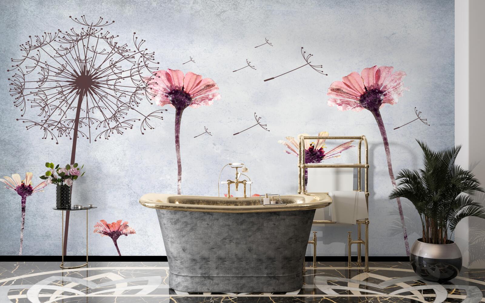 Papier peint coquelicots et gerberas sous de fortes rafales de vent