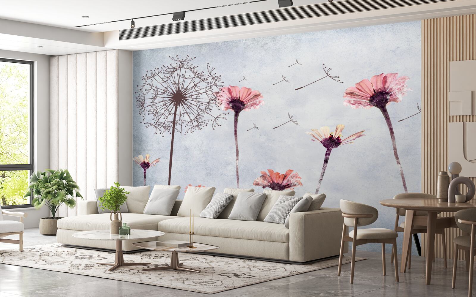 Papier peint coquelicots et gerberas sous de fortes rafales de vent