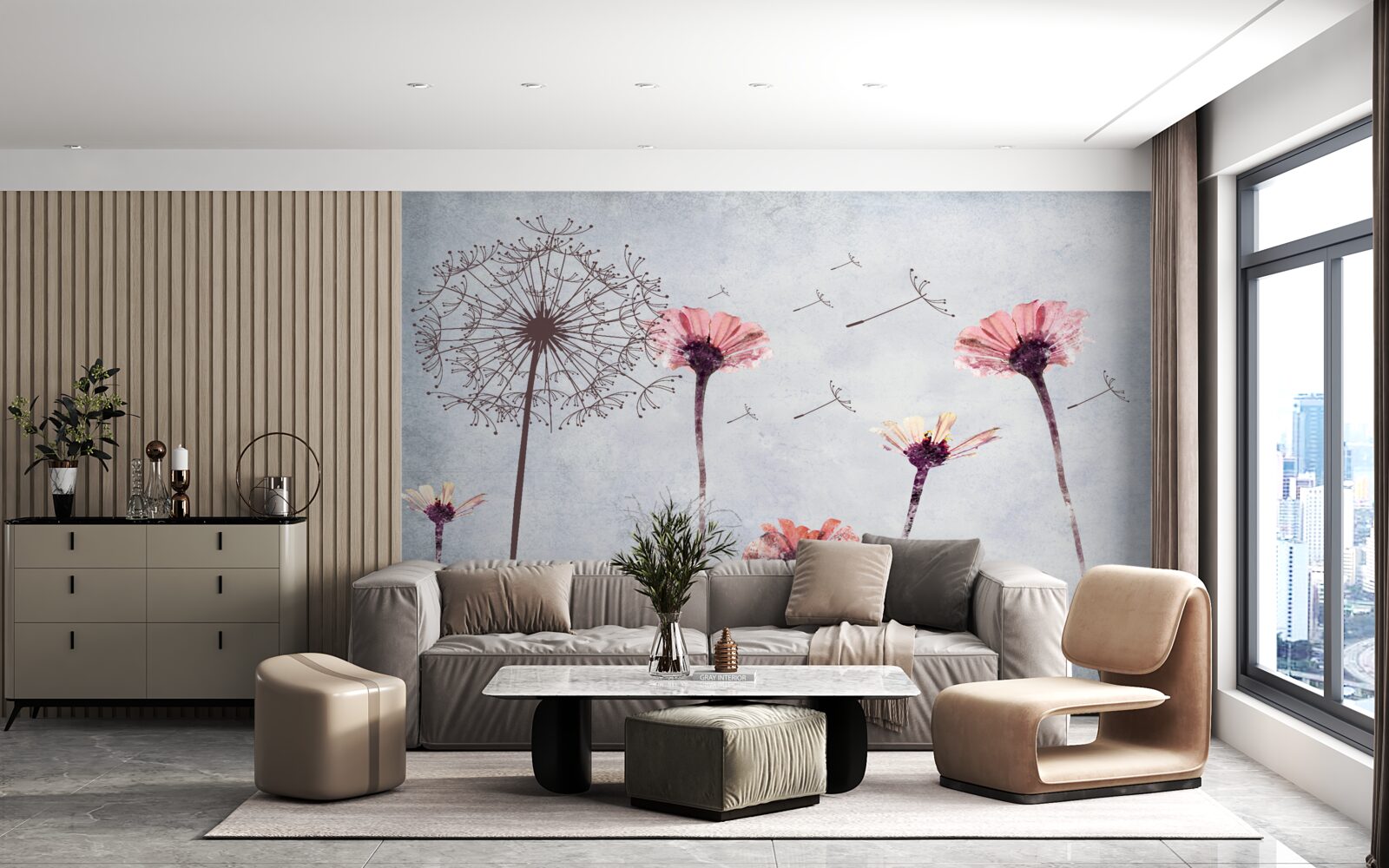 Papier peint coquelicots et gerberas sous de fortes rafales de vent