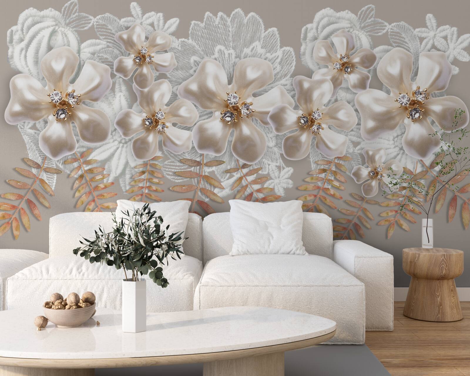 Papier peint des bourgeons blancs, étincelants de beauté, sur des branches dorées