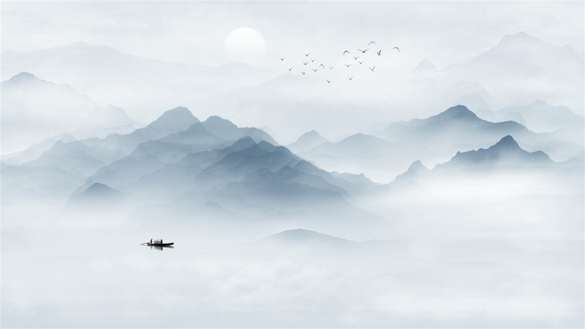 Papier peint Le brouillard s'épaissit dans les montagnes et le pêcheur se retrouve seul avec lui-même