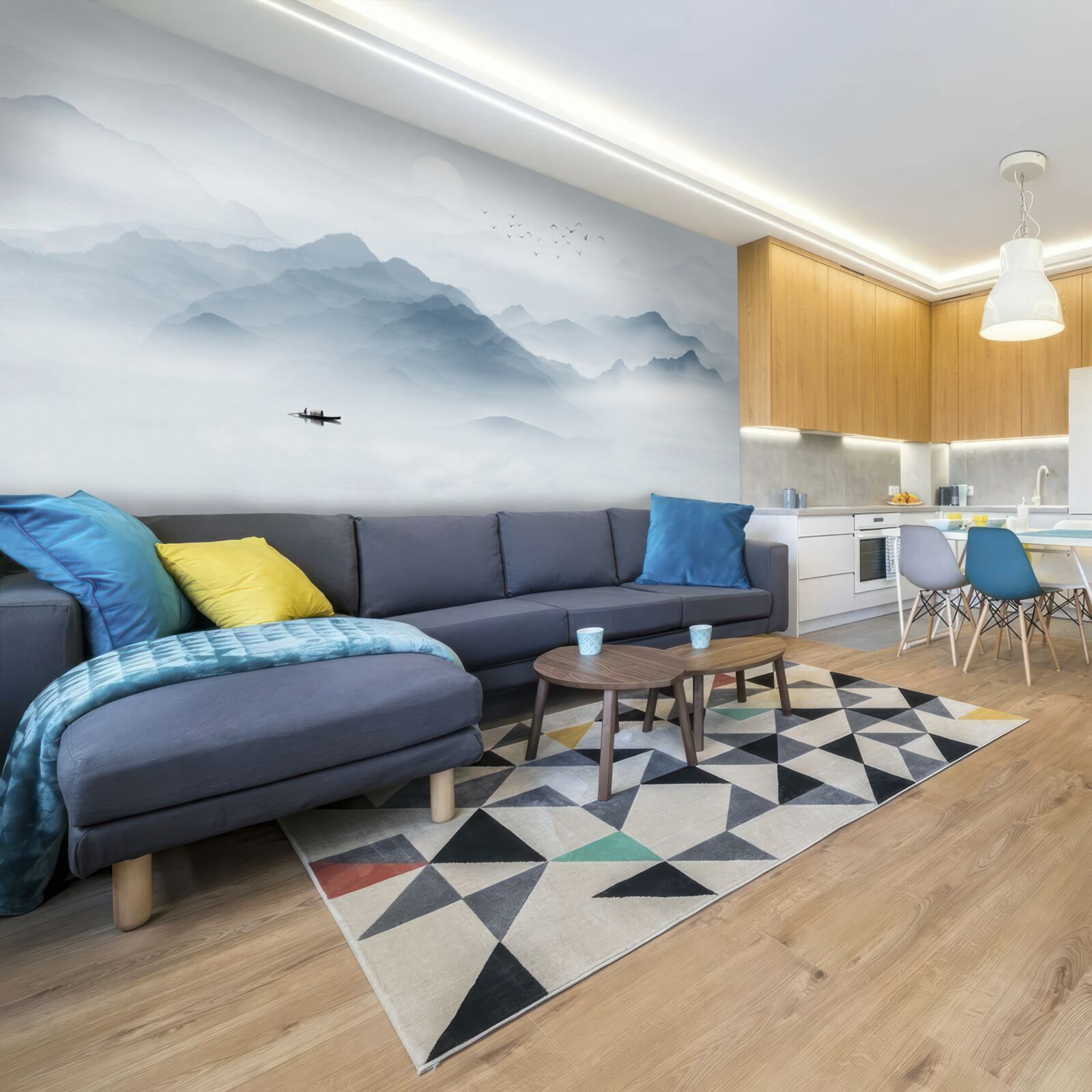 Papier peint Le brouillard s'épaissit dans les montagnes et le pêcheur se retrouve seul avec lui-même