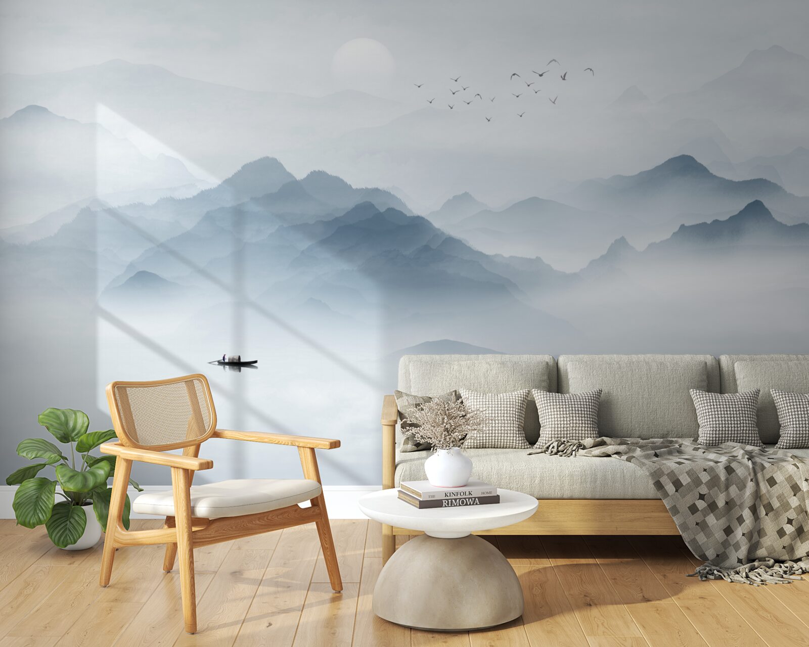 Papier peint Le brouillard s'épaissit dans les montagnes et le pêcheur se retrouve seul avec lui-même