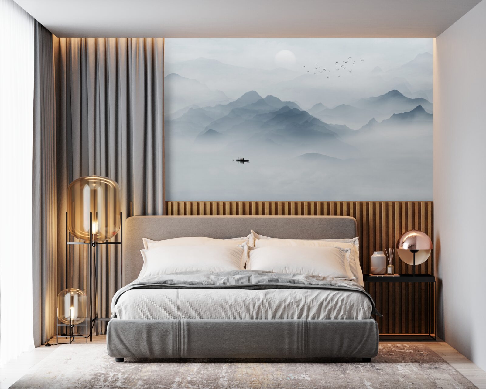 Papier peint Le brouillard s'épaissit dans les montagnes et le pêcheur se retrouve seul avec lui-même