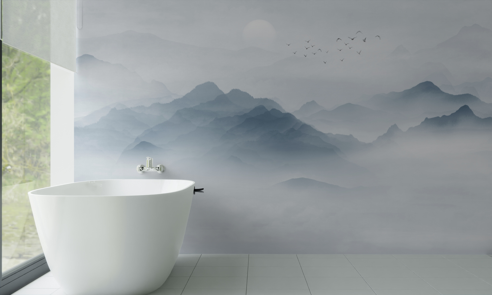 Papier peint Le brouillard s'épaissit dans les montagnes et le pêcheur se retrouve seul avec lui-même