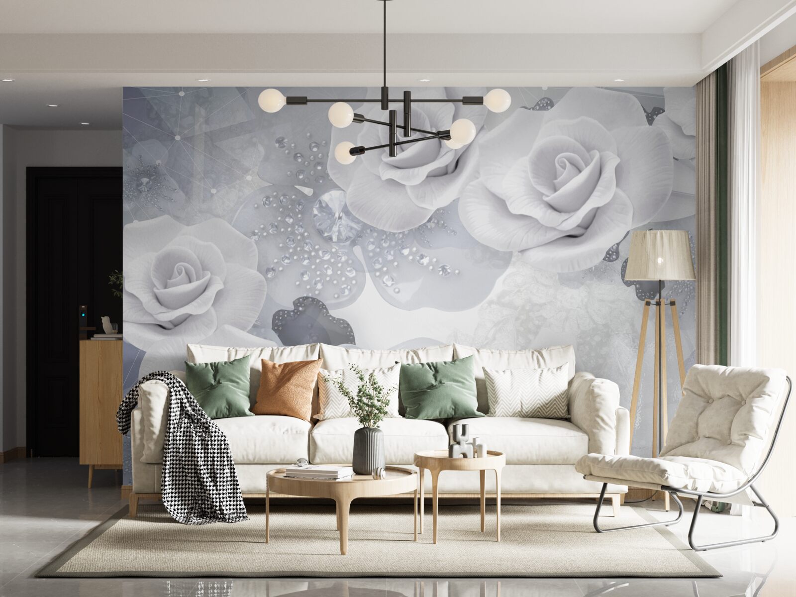 Papier peint ensemble de fleurs blanches sur fond bleu