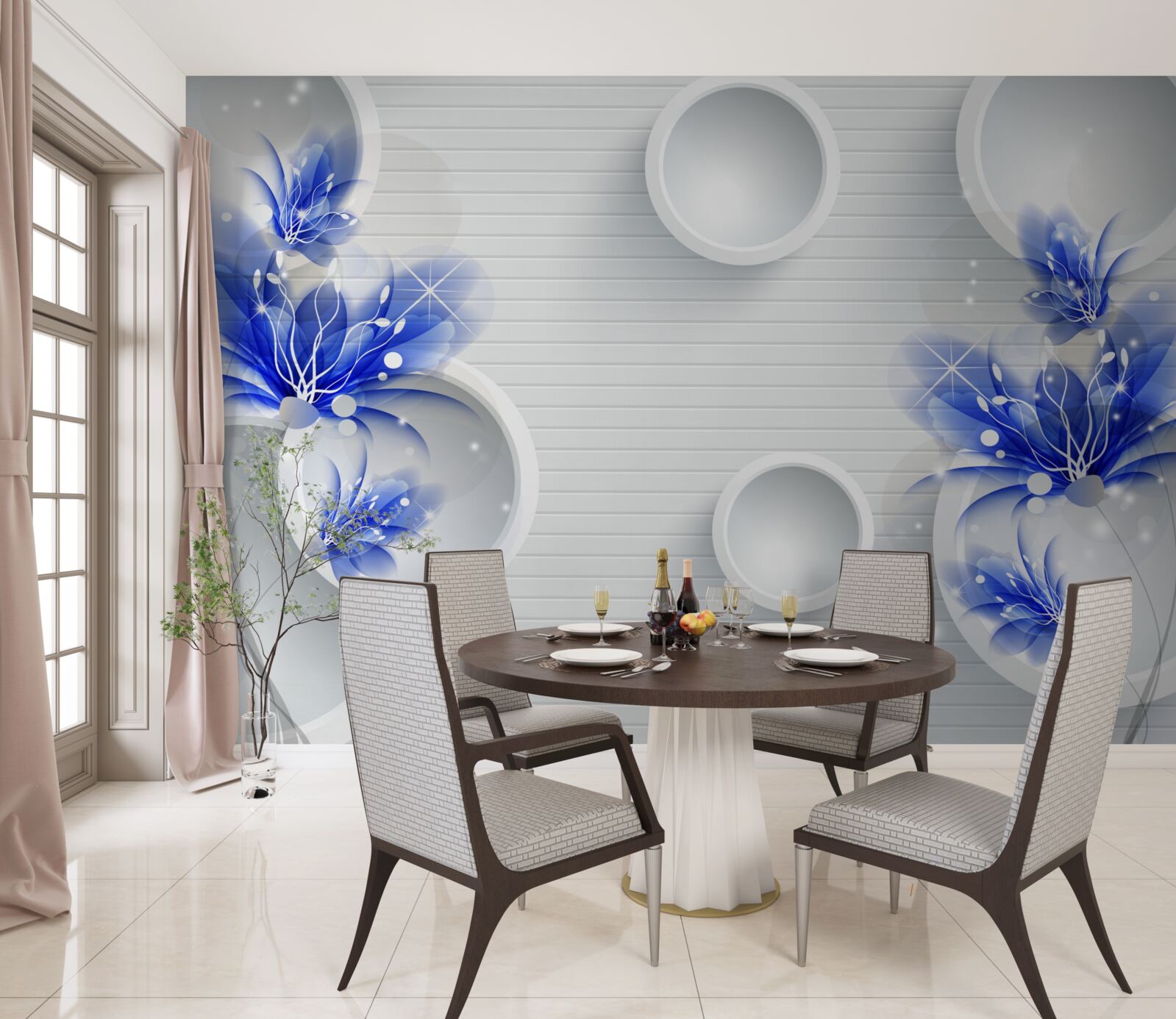 Papier peint bourgeons bleus sur un fond abstrait avec des cercles