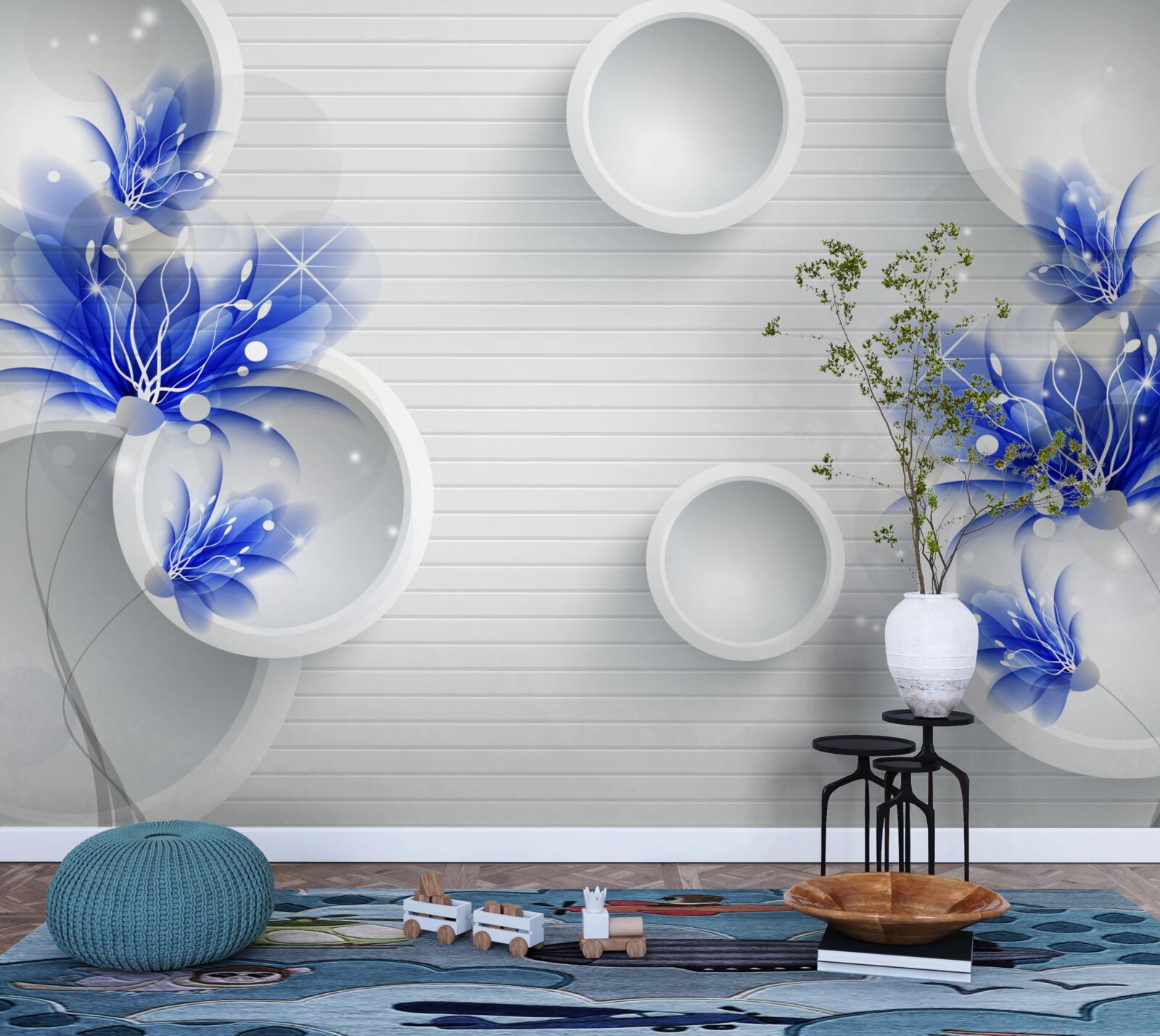 Papier peint bourgeons bleus sur un fond abstrait avec des cercles