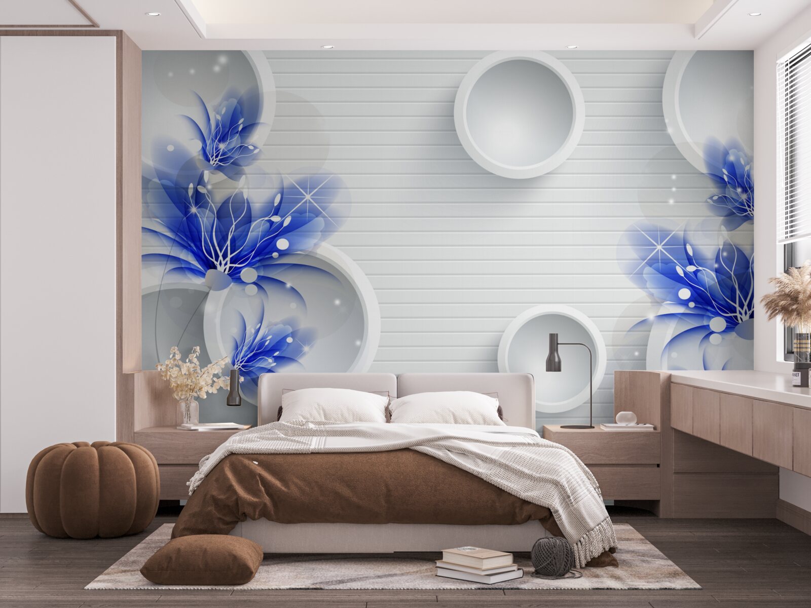 Papier peint bourgeons bleus sur un fond abstrait avec des cercles