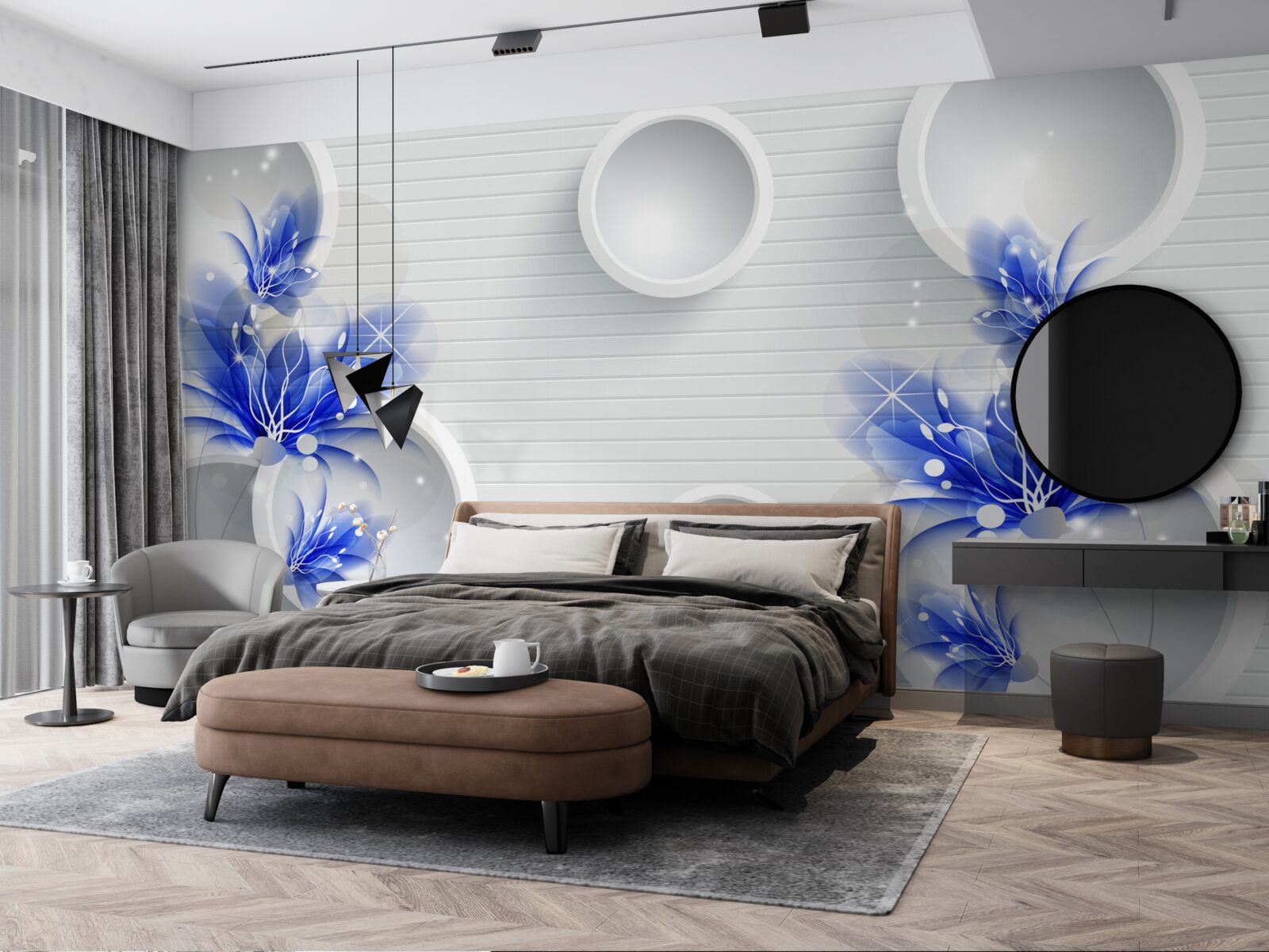 Papier peint bourgeons bleus sur un fond abstrait avec des cercles