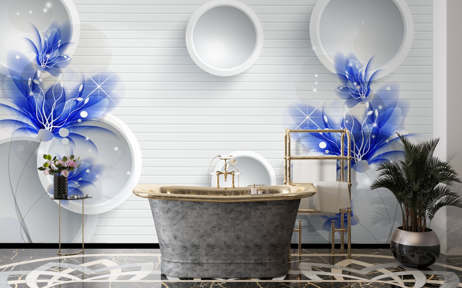 Papier peint bourgeons bleus sur un fond abstrait avec des cercles