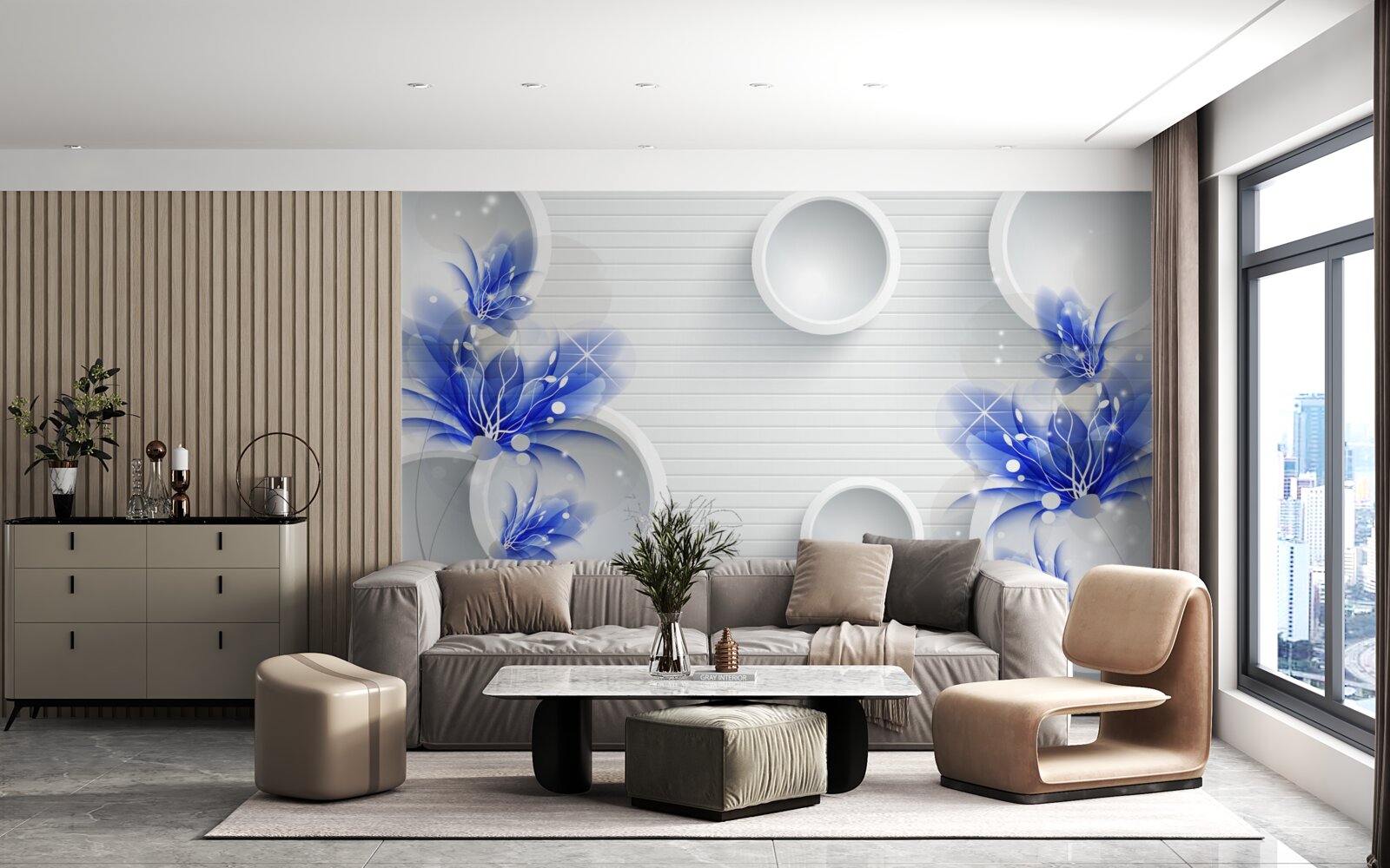 Papier peint bourgeons bleus sur un fond abstrait avec des cercles