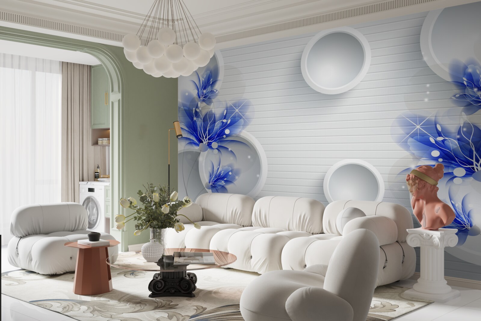 Papier peint bourgeons bleus sur un fond abstrait avec des cercles