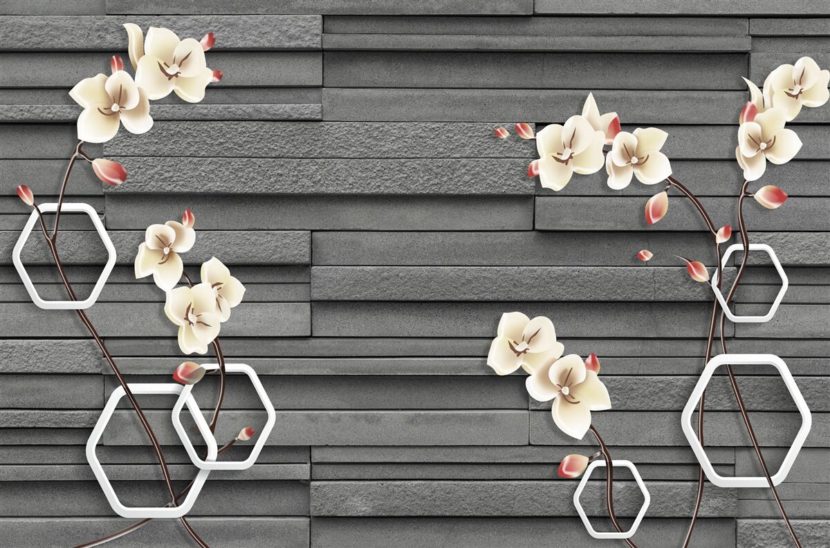 Papier peint mur en pierre noire décoré de fleurs blanches