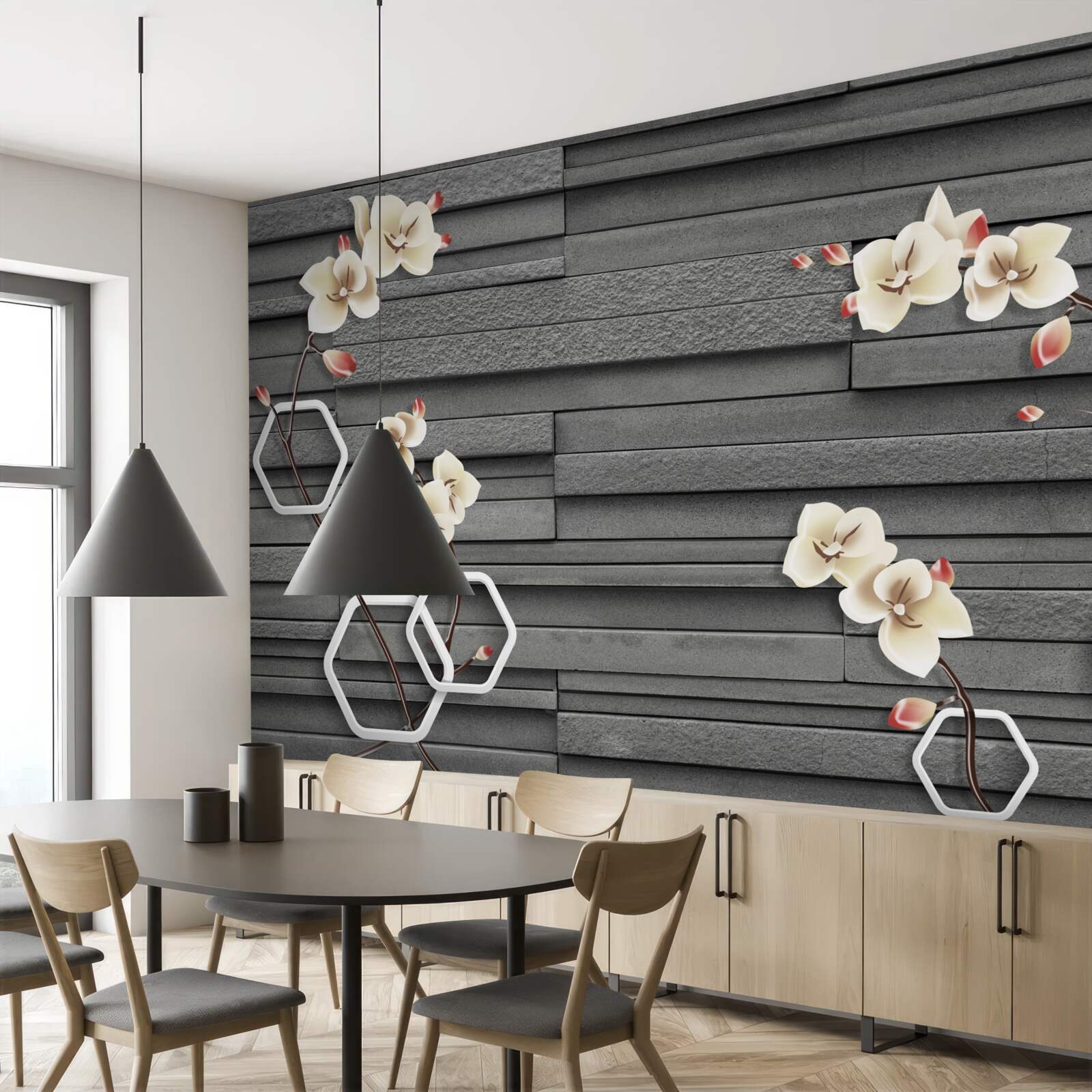 Papier peint mur en pierre noire décoré de fleurs blanches