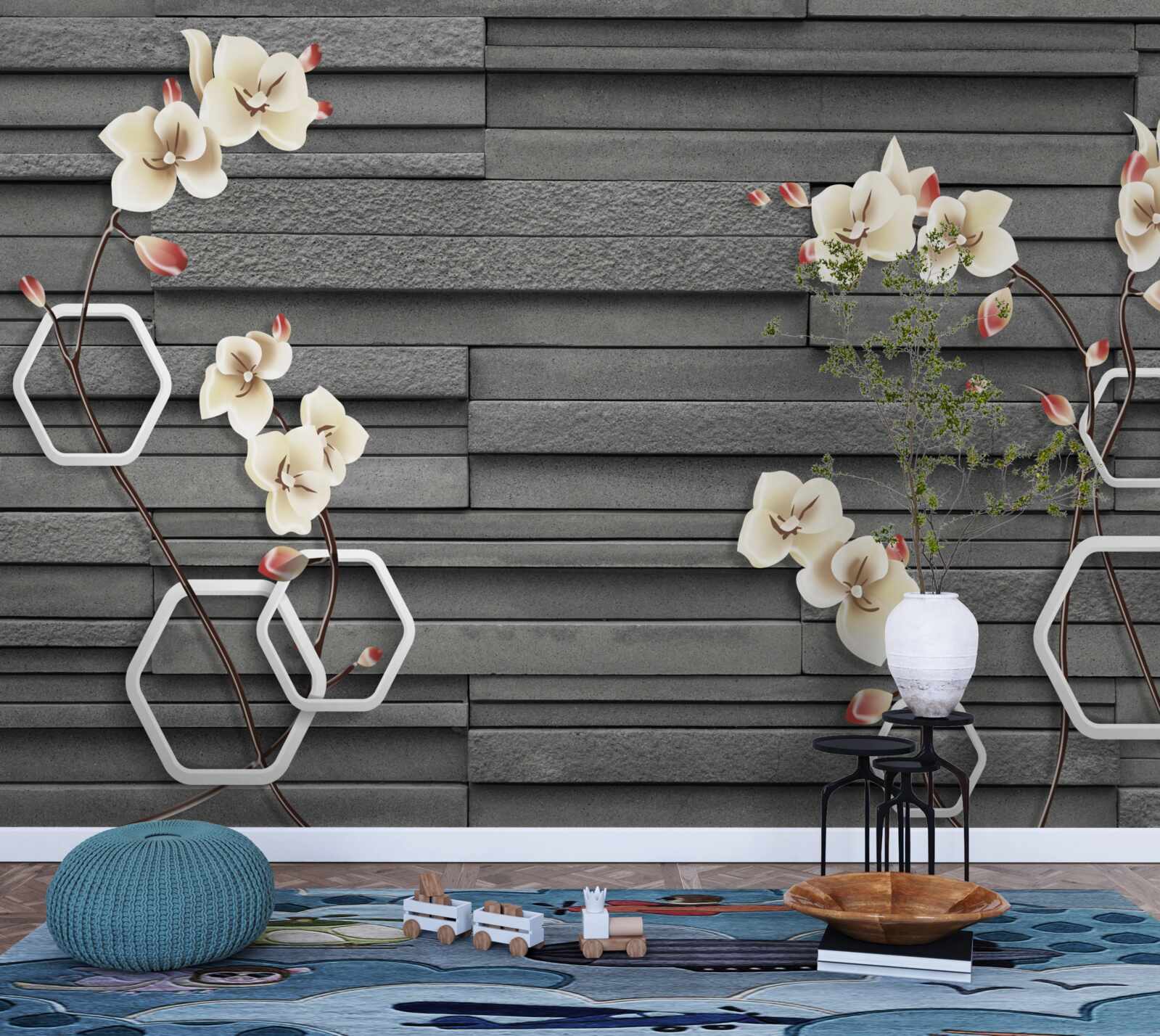 Papier peint mur en pierre noire décoré de fleurs blanches