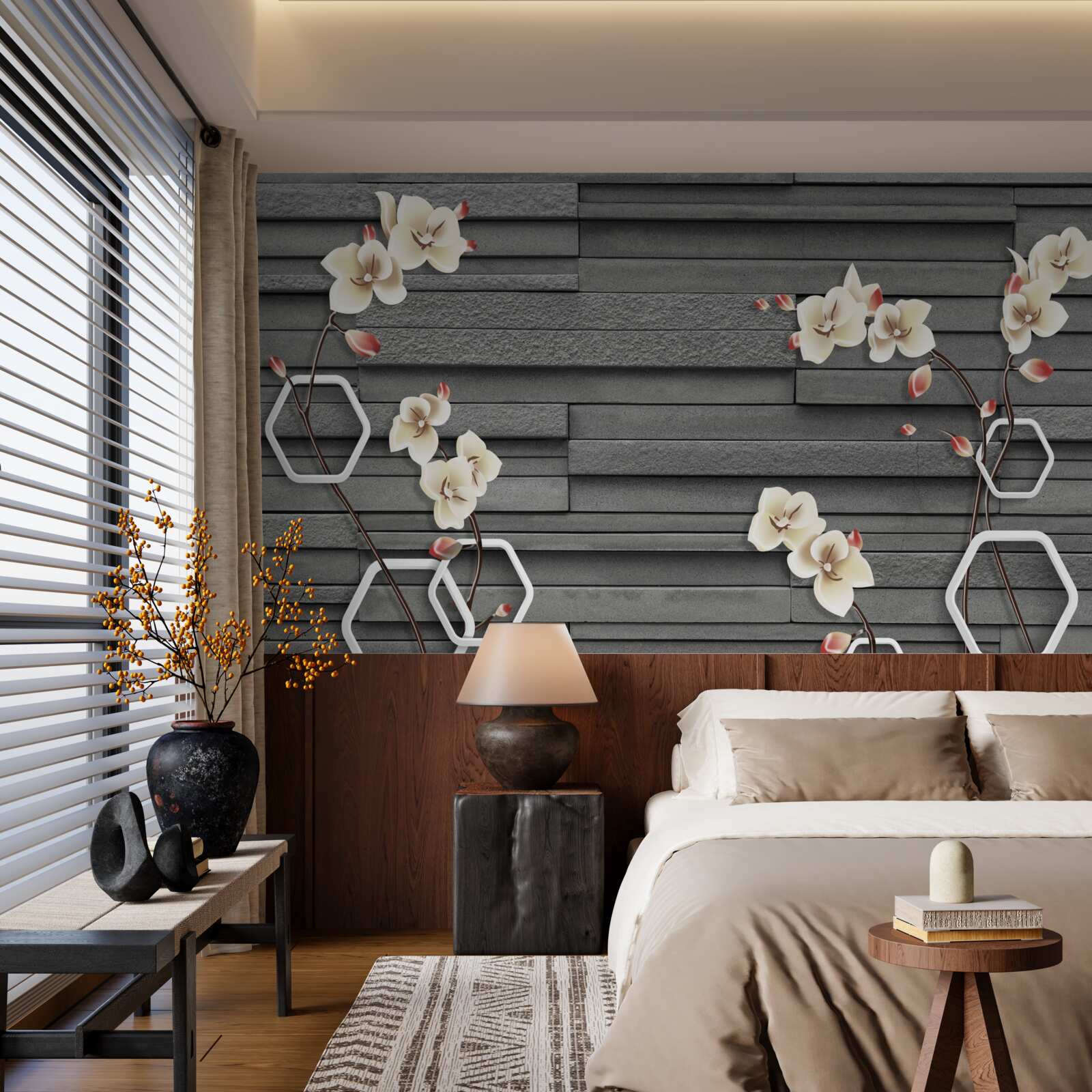 Papier peint mur en pierre noire décoré de fleurs blanches