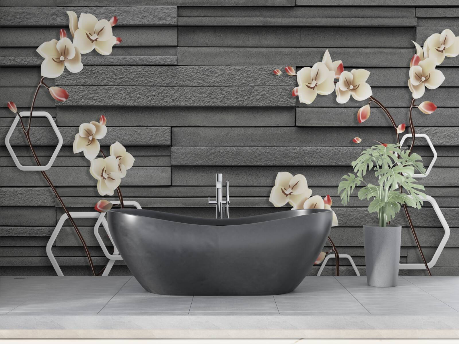 Papier peint mur en pierre noire décoré de fleurs blanches