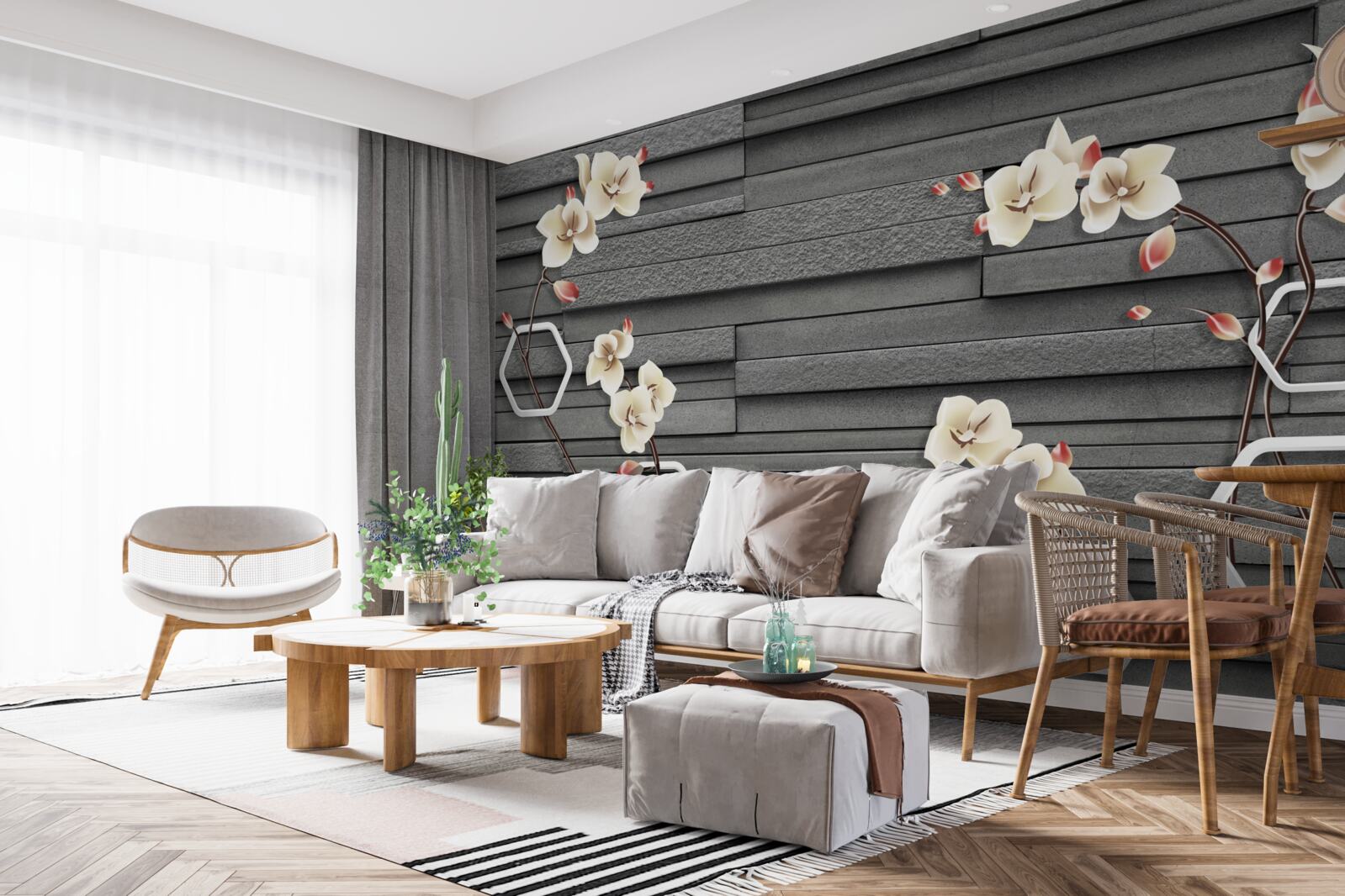 Papier peint mur en pierre noire décoré de fleurs blanches