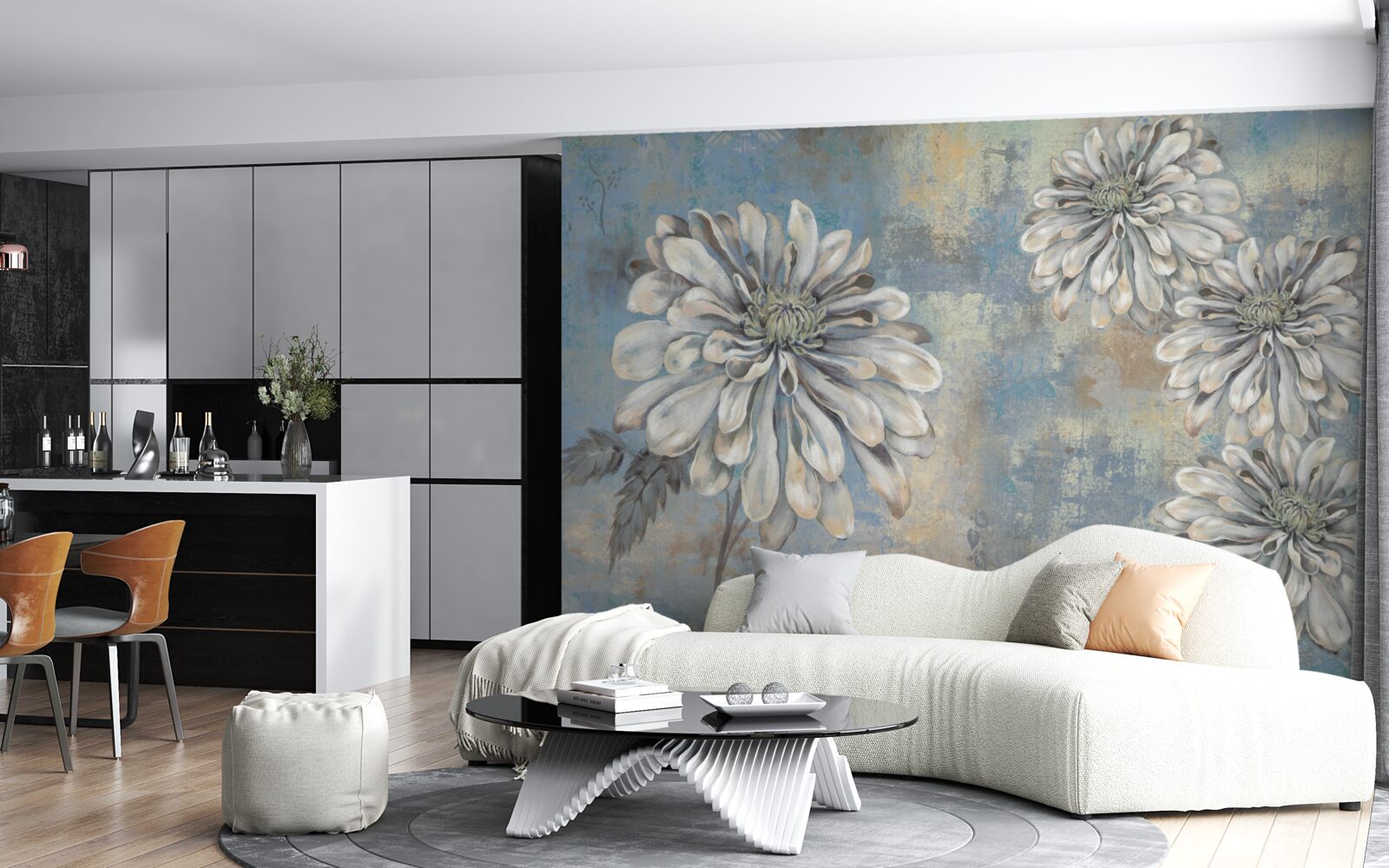 Papier peint des asters blancs comme neige, de la taille d'une pluie, se déversent à l'arrière-plan