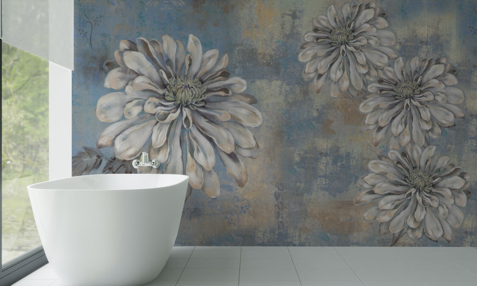 Papier peint des asters blancs comme neige, de la taille d'une pluie, se déversent à l'arrière-plan