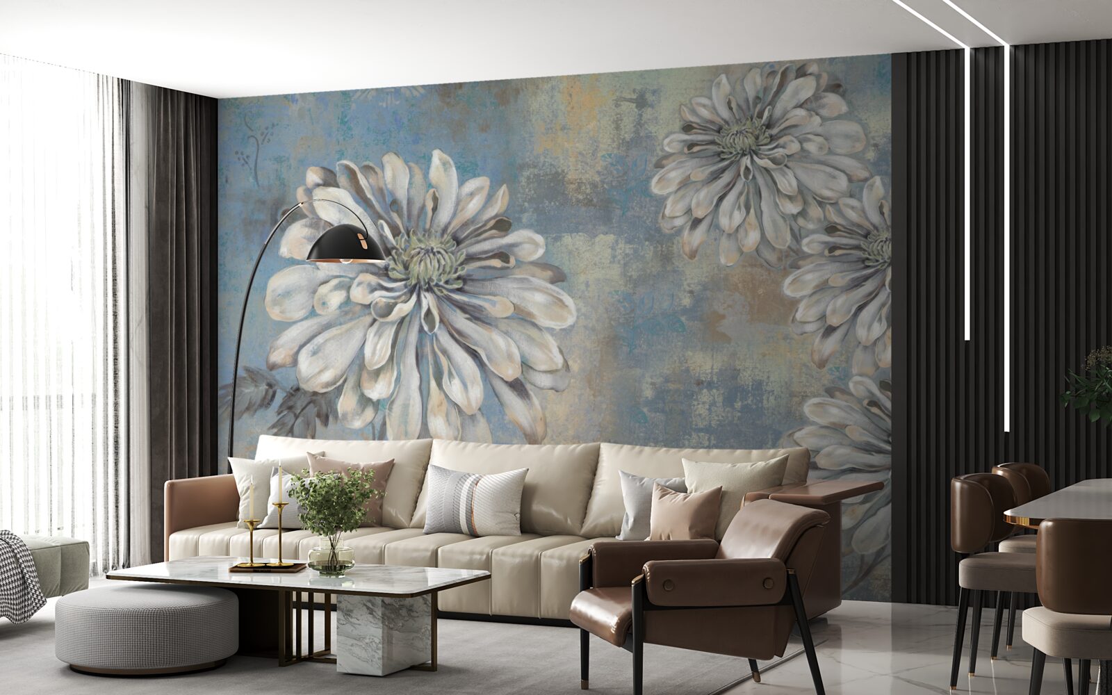 Papier peint des asters blancs comme neige, de la taille d'une pluie, se déversent à l'arrière-plan