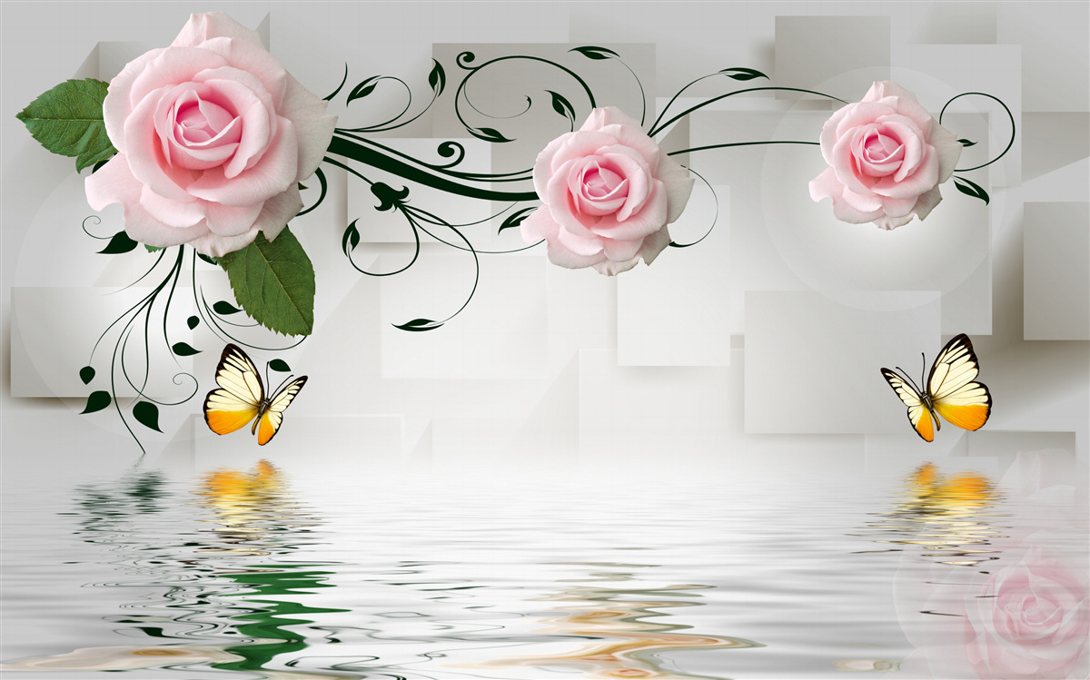 Papier peint papillons sur l'eau près d'une branche de rose à la délicate teinte rose