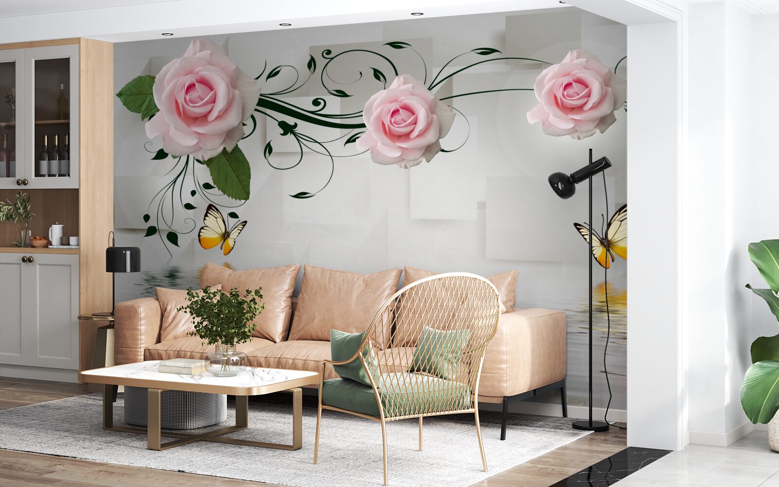 Papier peint papillons sur l'eau près d'une branche de rose à la délicate teinte rose