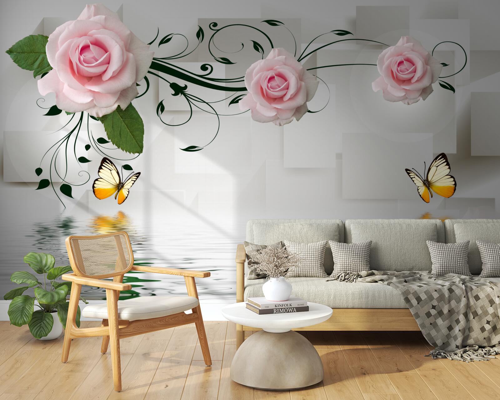 Papier peint papillons sur l'eau près d'une branche de rose à la délicate teinte rose