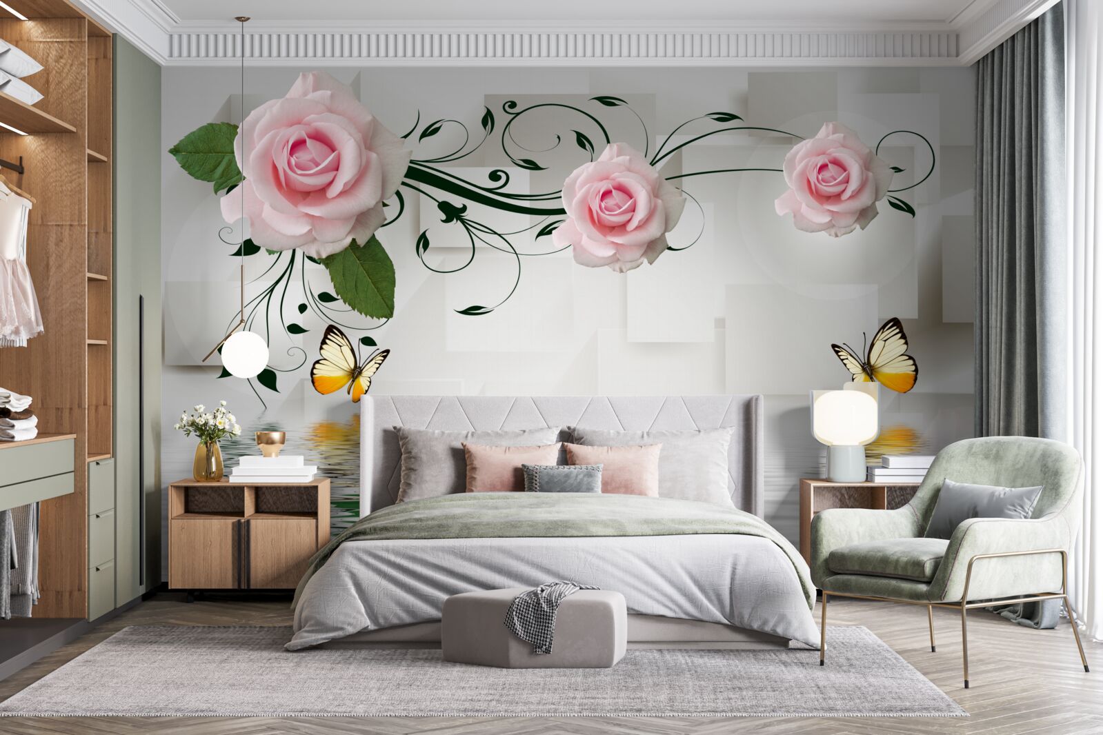 Papier peint papillons sur l'eau près d'une branche de rose à la délicate teinte rose