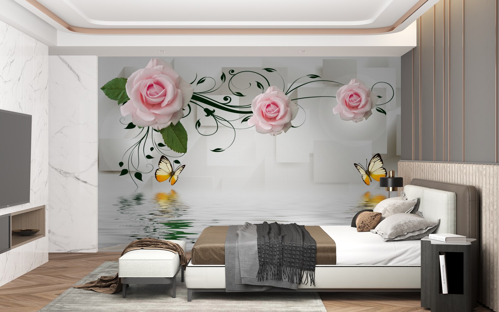 Papier peint papillons sur l'eau près d'une branche de rose à la délicate teinte rose