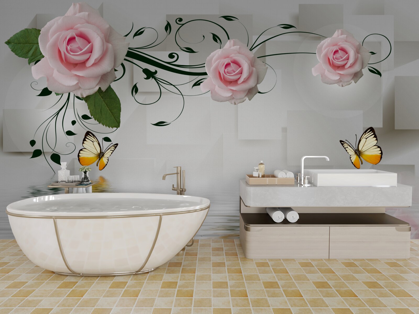 Papier peint papillons sur l'eau près d'une branche de rose à la délicate teinte rose