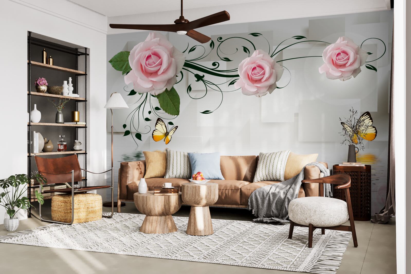 Papier peint papillons sur l'eau près d'une branche de rose à la délicate teinte rose