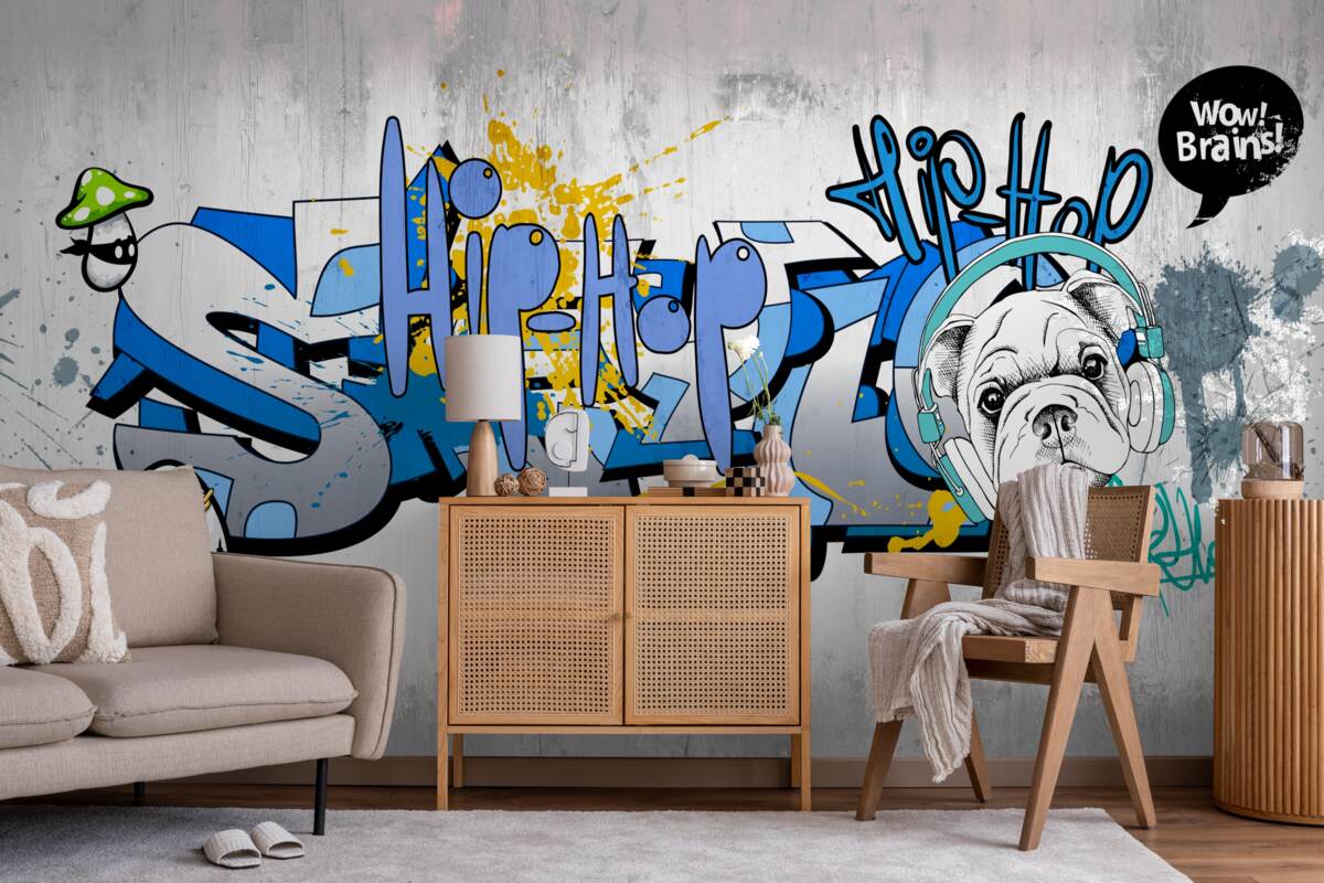Papier peint graffiti sur un mur avec l'image d'un chien portant des écouteurs