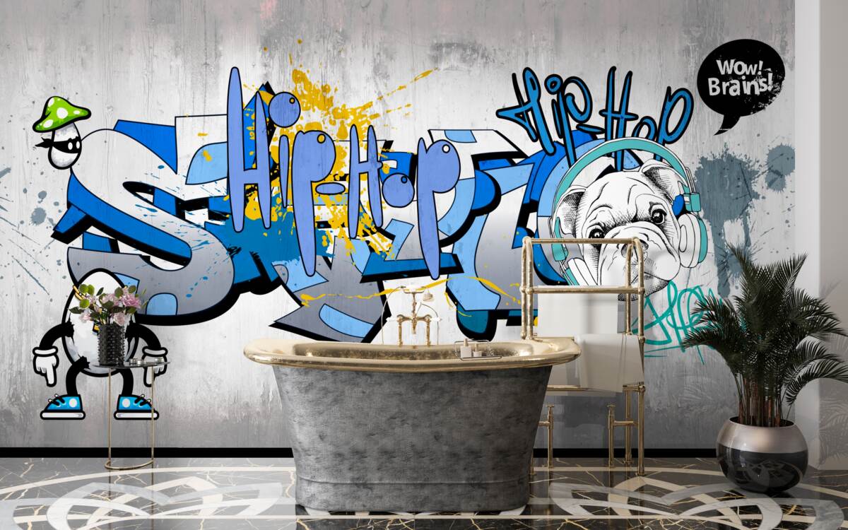 Papier peint graffiti sur un mur avec l'image d'un chien portant des écouteurs